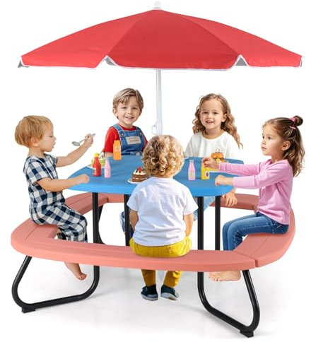 COSTWAY Kindersitzgruppe Outdoor, Kindersitzgarnitur für bis zu 8 Kinder, Picknicktisch mit Sonnenschirm & 4 Sitzbänken, Gartenmöbel Sitzgruppe Kinder für Garten, Hinterhof (Rot)