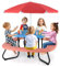 COSTWAY Kindersitzgruppe Outdoor, Kindersitzgarnitur für bis zu 8 Kinder, Picknicktisch mit Sonnenschirm & 4 Sitzbänken, Gartenmöbel Sitzgruppe Kinder für Garten, Hinterhof (Rot)