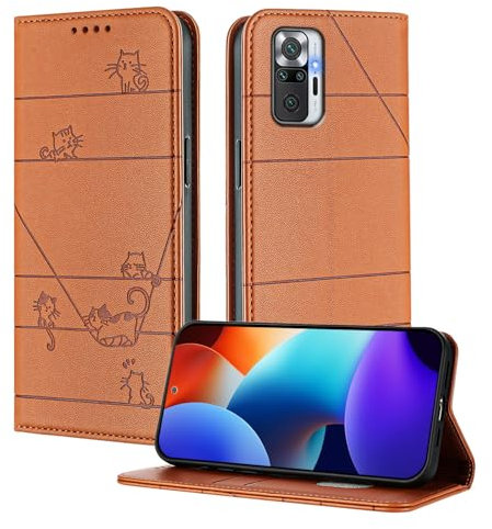 XINYEXIN Funda para Xiaomi Redmi Note 10 Pro 4G, Carcasa Tipo Libro de Piel PU con Bloqueo RFID, Soporte, Ranuras para Tarjetas, Protección Completa - Marrón