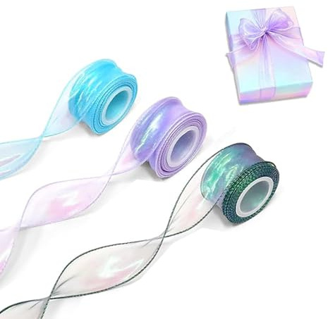 3 Rollen Organzaband Schillernd Chiffonband Schimmernde Schleifenband Sheer Wavy Organza Ribbon Durchscheinende Schleifenband Organza Band 35mm x 9m für Dekoration Geschenkverpackung