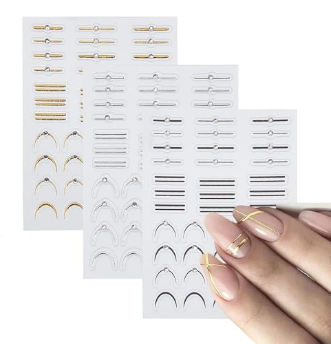 NICENEEDED 6 Sheets French Tip Nail Stickers, Embossed Line 5D Self-Adhesive Nail Decals, Black Gold Silver Stripes Curved Nail Stickers with Crystal Diamond for Women Manicure