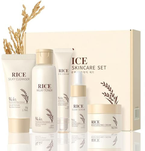 5 Stück Reis Skincare Set, Korean Skincare Set für Damen, Rice Gesichtspflege Set mit Gesichtscreme+Serum+Toner+Augencreme+Cleanser, Feuchtigkeit & Beruhigende Pflege,Anti-Aging Geschenkset für Frauen