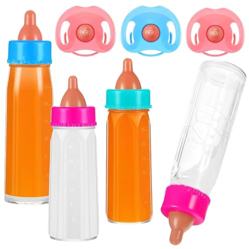 7 Stück/Set Babypuppenflaschen, 4 Stück Spielzeug-Babyflaschen für Puppen mit verschwindender Milch oder Saft mit 3 Schnullerspielzeugen, lustiges Simulationspuppenzubehör für Kinder