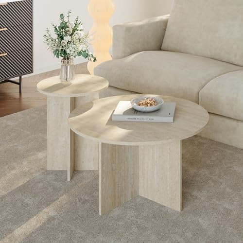 [en.casa] Beistelltische für Wohnzimmer 2er Set Verummetka Couchtisch rund Wohnzimmertische klein Sofatische Travertin