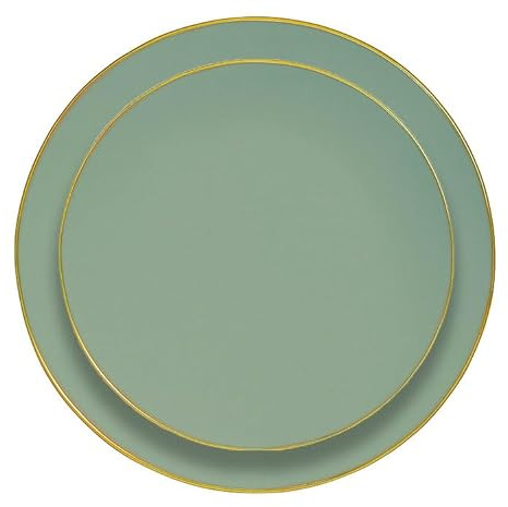 Elegant Set di Piatti Riutilizzabili, Colore a Scelta con Bordo Dorato, 16 Pezzi, Grande 23cm e Piccola 19cm, Plastica PVC Lucida, Lavabile in Lavastoviglie, Decorazione per Matrimonio (Verde Salvia)