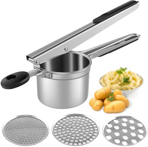 Kartoffelpresse Edelstahl Spätzlepresse mit 3 Lochscheiben Multifunktional Spaghettieispresse Kartoffelstampfer für Kartoffelpüree Gemüsepürees Nudeln