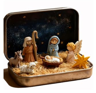 Mini Weihnachten Krippe Set In Einer Metalldose, Handcrafted Pocket Nativity Scene Gift Tin, Tragbar Taschengröße Krippenszene Figuren Dekoration, 3D Harz Mini Familie Jesus Figuren Ornamente (A#)