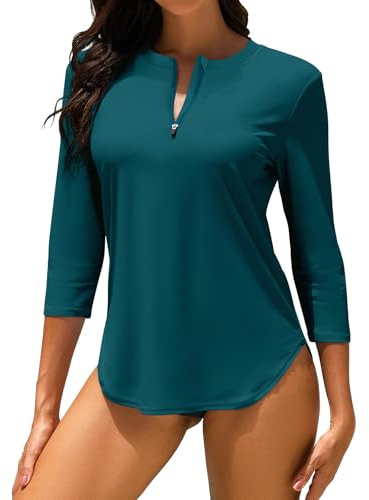 WOWENY Costume da Bagno Anti UV da Donna, con Protezione Rashguard, Maniche A 3/4 Cerniera A 1/4 Asciugatura Rapida, per Acqua, Surf, Spiaggia