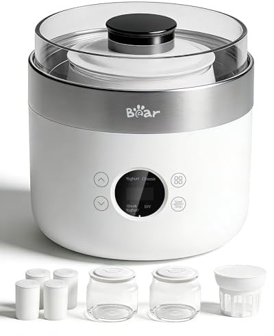 Bear Yogurtiera e casara per formaggio fresco, inclusi 4 tazze porzionate in ceramica da 125 ml, 2 contenitori in vetro XXL da 1 litro e 4 programmi preimpostati per yogurt greco e formaggio