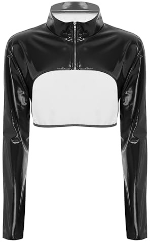 Aiihoo Damen Wetlook Crop Top Brustfrei Oberteil Langarm Unterhemd Weste Lack Leder Tanktop Shirt Gogo Clubwear