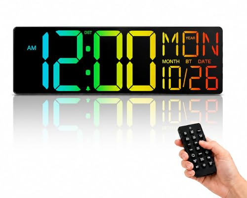 Maxstar 18 Digitale Wanduhr mit Fernbedienung, Temperatur- und Datumsanzeige, Countdown-Timer, 12/24h Format, klare Großziffern, geeignet für Wohnzimmer, Küche, Schlafzimmer und Büro (schwarz)