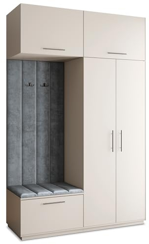 Masseno Flugarderoben Set Rema, Kleiderschrank-Set mit Sitzbank, Garderobenschrank Flur mit 5 Regalböden, Kaschmir