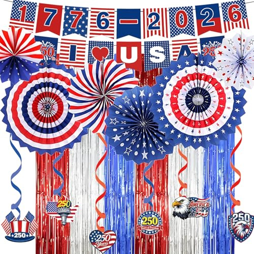 4. Juli USA Unabhängigkeitstag Party Deko Amerika Adler Spiralen Papier Fächer American Girlande Banner Rote Blau Silber Lametta Vorhang Amerikanische Deko 250 Jahrestag Amerika Dekorationen