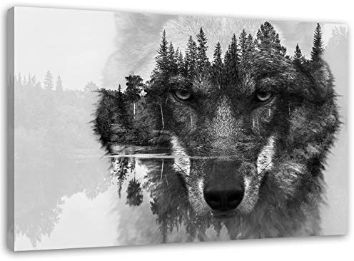 Feeby Bilder Wolf Wald Nebel 100x70 cm 1 Teilig Wohnzimmer Schlafzimmer Büro Flur Küche Wandbilder Modern Bild auf Leinwand Wanddekoration Kunstdruck Design Natur Tiere Schwarz und Weiß
