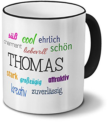 printplanet Tasse mit Namen Thomas - Positive Eigenschaften von Thomas - Namenstasse, Kaffeebecher, Mug, Becher, Kaffeetasse - Farbe Schwarz