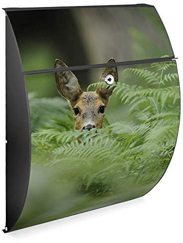 banjado Design Briefkasten - Modell Riviera 46x33,5x13cm groß - verzinkter Stahl anthrazit - Postkasten Öffnungsstopp großer A4 Einwurf Zylinderschloss 2 Schlüssel - Motiv REH