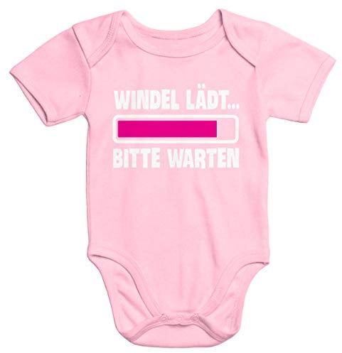 MoonWorks® Kurzarm Baby-Body mit Aufdruck Windel lädt Bitte warten Spruch lustig Bio-Baumwolle rosa 3-6 Monate
