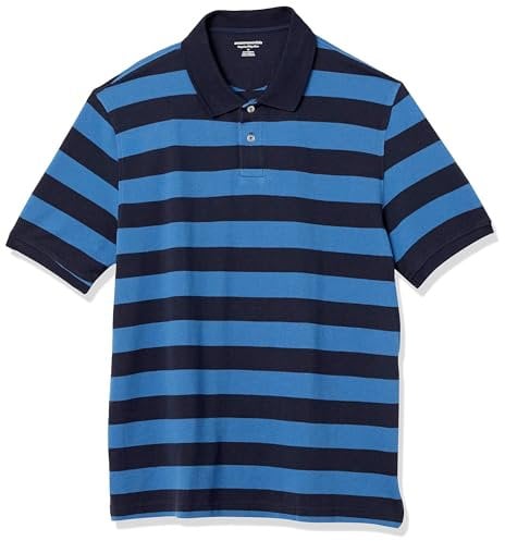 Amazon Essentials Men's Regular-Fit Cotton Pique Polo Shirt (Available in Big and Tall), Black Blue Stripes, L