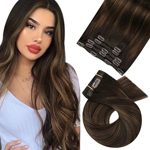 Moresoo Clip in Extensions Echthaar, Salon Qualität Weiches Glattes Haar 55 cm 7 Stück 120g Extensions Clip in #2/6/2 Braun bis Dunkelbraun mit Kastanienbraun, Leicht zu Tragen Solide und Langlebig