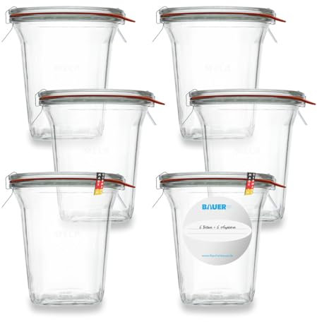 Flaschenbauer - Quadroglas 1/2L Einmachglas 500ml verwendbar als Marmeladenglas, Vorratsglas, Konservenglas 6 Stück Inklusive Etikett - Made in Germany