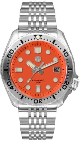 NC San Martin SN046G Edelstahl Taucheruhren NH35 Mov't Mechanische Uhr C3 Super leuchtendes Armband Saphirglas 200m wasserdichte Armbanduhr (orange)