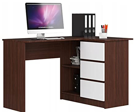 Eckschreibtisch Wenge/Weiß, 3 Schubladen rechts und 2 Regale, viel Platz zum Entfalten. Perfekt für Jugendzimmer, Büros und Ateliers.