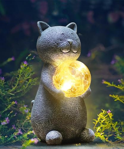 Goodeco Solar Powered LED Cat Statue Garden Ornaments, Outdoor Cats Figurine With Solar Ball Decoration For Patio Lawn Yard Decor Gifts - Grey, 19.2cm