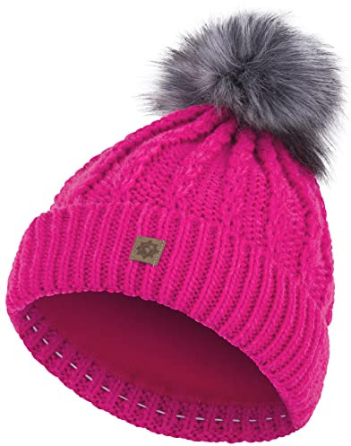 Compagno Strickmütze Mütze Damen Bommelmütze Wintermütze Zopfmuster Grobstrick Fleece Futter Beanie Mädchen Winter gefüttert 101, Farbe:Pink