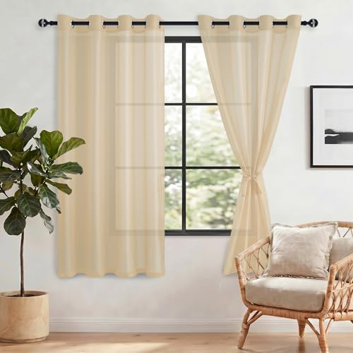 DWCN Gardinen Sheer Voile Vorhänge mit Ösen Transparente Ösenvorhang | Beige, 175x140cm(HxB), Vorhang mit Vorhang-Krawatten Schienensystem Vorhänge für Wohnzimmer, Schlafzimmer, 2 Stücke