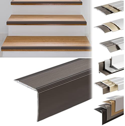 KARAT Perfil de borde de escalera en forma de L de aluminio, 1 pieza, 100 x 3 x 3,5 cm, preperforado, bronce para parqué y laminado, incluye material de montaje, perfil de borde de escalón en 3