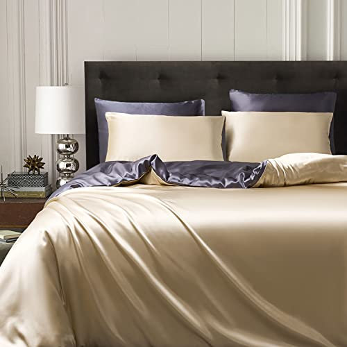 Gezu Bettbezug Beige 220x240cm Satin Gold Einfarbig Wendebettwäsche Grau Dunkelgrau Seide Glatt Seidig Glänzend Bettwäsche-Set für Doppelbett mit 2 Kopfkissenbezügen 80x80cm mit Reißverschluss