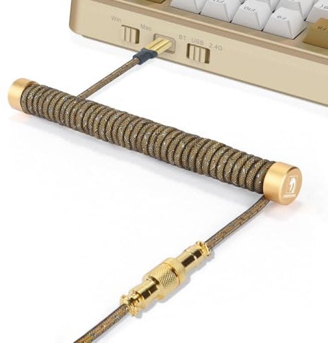 MAMBASNAKE C03 Custom Coiled Keyboard Cable and Metal Aviator Set - Fixed Rod + Braided USB C With 8K Hz Return Rate for Gaming Keyboard/Phone - Gold