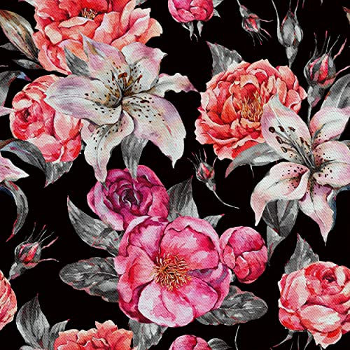 HEKO PANELS Stoff Oxford Wasserdichte Meterware Canvas-Stoff Polyester Stoff Zum Nähen Nähstoffe Dekostoffe Wasserabweisend Blickdicht Lilien Pfingstrosen Rosen 5 Meter 155 x 500 cm