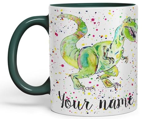 Vixar Personalised with Your Text Dinosaur Tyrannosaurus T-Rex Art Coloured Ceramic Mug Cup Gift 330ml 11oz Custom Work Office Tea Coffee (D Green)