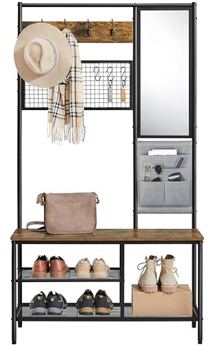 Yaheetech Stand Appendiabiti con Specchio e Scarpiera Attaccapanni in Legno con Panca Ganci e Borsa Portaoggetti Mobile da Ingresso Entrata Corridoio 100 x 35 x 181 cm Marrone Rustico