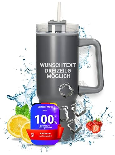 Gobelet isotherme personnalisé « Tampa » 800 ml - En acier inoxydable - Pour boissons chaudes et froides - Avec paille et poignée - Couleur : gris/crème