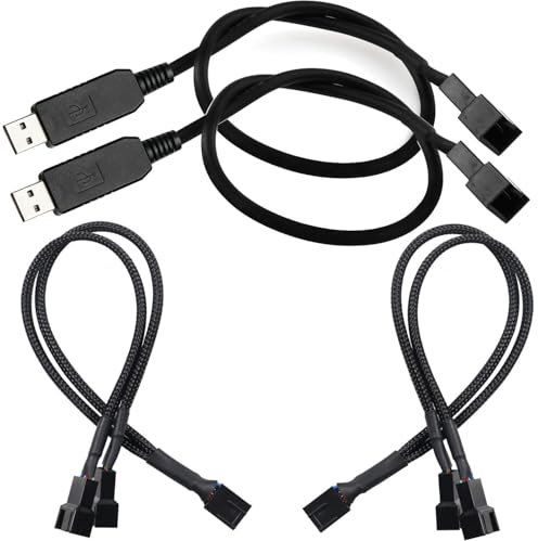 RUNCCI-YUN 2Pcs Cable Adaptador de Corriente USB 5V a 12V PWM para Ventilador PC, Voltage Step-Up 3 y 4 Pines + 2Pcs Divisor de Ventilador 4 Pines PWM