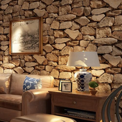 Tarwanear Rustic Stone Wallpaper - 3D Stone Effect Wall Paper, Brick Effect Wallpaper, Textured Thick Realistic Modern Accent Wall Panels for Living Spaces & Feature Walls