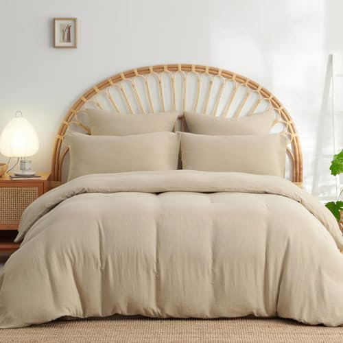 Lanqinglv Doppelte Musselin Bettwäsche 220x240 Baumwolle,Kuschelige Leinenoptik ÖKO-TEX Bettwäsche Beige mit Reißverschluss und 2 Kissenbezug 80x80cm