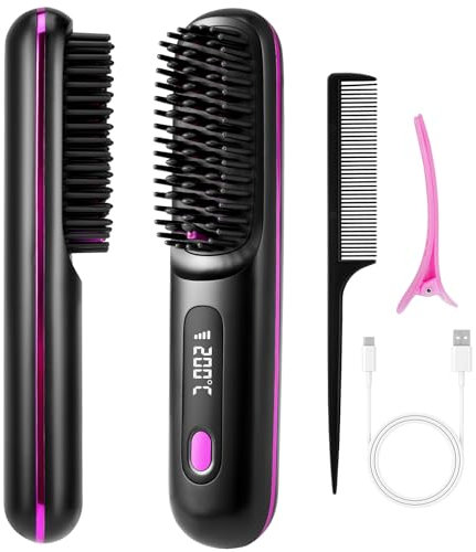 Cepillo alisador de pelo, cepillo alisador inalámbrico, mini plancha de pelo, 160-200 ℃, calentamiento rápido, recargable, portátil, para peinado, 3 niveles de temperatura, negro