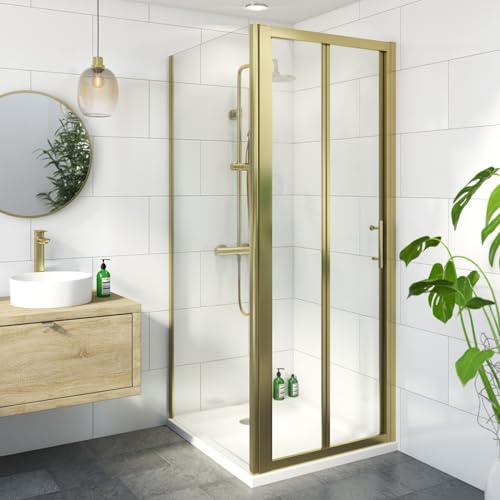 Luxura® 760 x 800mm Bifold Folding Shower Enclosure Door Screen for Wet Room Cubicle Enclosures, 6mm Safety Glass Space Saving, Framed, Brushed Brass