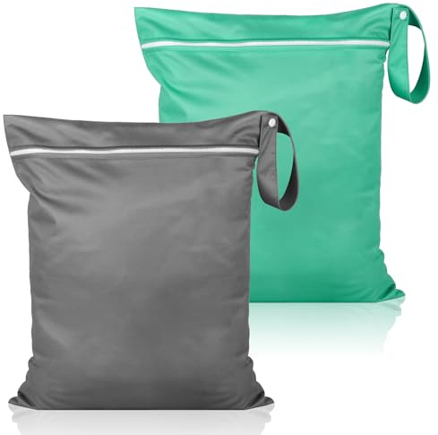 2 Stück Wet Bag, Wiederverwendbar Schmutzige Kleidung Nasstasche, Wasserdichte Wetbag Schwimmsachen mit Reißverschluss, für Baby-Stoffwindeln Sportkleidung Badeanzüge, 40 x 50 cm, Grün/Dunkelgrau