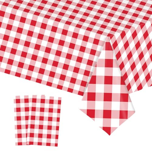 2pcs 137*274cm Red White Checkered Table Cloth Party,Square Plastic Table Cloth Wipe Clean,Gingham Pvc TableCloths Rectangular Waterproof Plaid Table Cover for Birthday Christmas Party TableCloth