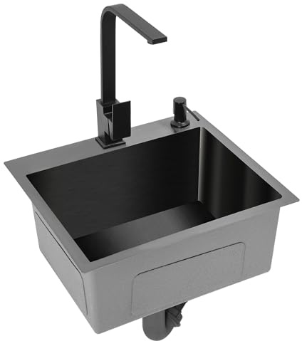 Lavello da cucina in acciaio inox, nero e grigio, con cestello di scarico, rettangolare, con erogatore di sapone, tubo di scarico per casa, ristoranti, lavanderia, bar, cucina, hotel, ecc. (con