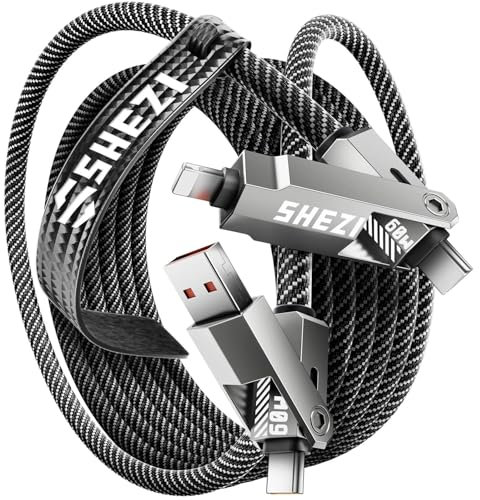 SHEZI 4 in 1 3M Long Multi Charging Cable, 60W USB C to Compatible With Lightning Cable, Nylon Braided Fast Charging iPhone Charger Cord, USB C Charger Cable for iPhone/Samsung/Carplay/Andriod Auto