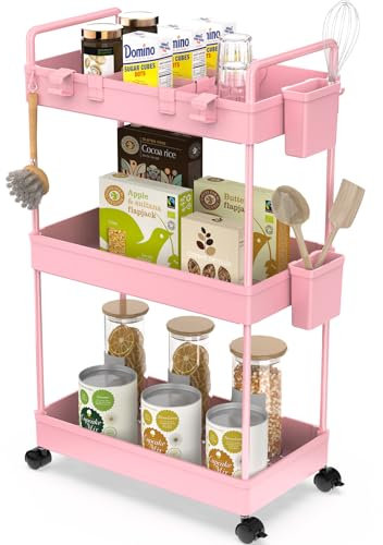 Ronlap Carrito de cocina con 3 niveles, carrito de servicio con vaso, separador, gancho, estante con ruedas para cocina, dormitorio, oficina, color rosa