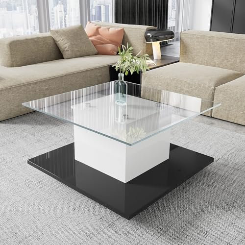 SHUGUANG Mesa de Centro Moderna con LED, Mesa Centro de Alto Brillo con Tablero de Cristal, Mesa Móvil con Ruedas Giratorias, Mesa Auxiliar Negra Sencilla y Lujosa, Mesa Salón Cuadrada, 80x80x40 cm