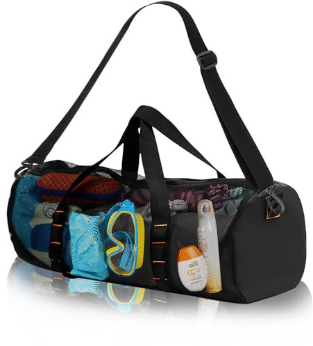 SilverChry Extra Große Netztasche für Tauchen, 56 * 25 * 25cm Tauchen Strand Tasche, Netztasche Handtasche, Faltbare Netztasche für Tauchen, Badetaschen Strandtaschen mit Reißverschluss (Schwarz-L)