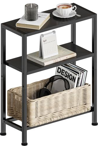 Schmaler Beistelltisch, Nachttisch, 3 Ablagen Nachttisch Schmal mit Stauraum, sofa beistelltisch für schmale Räume, Kleiner Tisch, für Wohnzimmer, Schlafzimmer, Küche &Balkon, Arbeitszimmer (Schwarz)