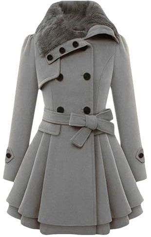 BOFETA Damen Winter Warm Kragen Mantel Zweireiher Wollmischung Trenchcoat Midi Peacoats Mit Gürtel Grau S